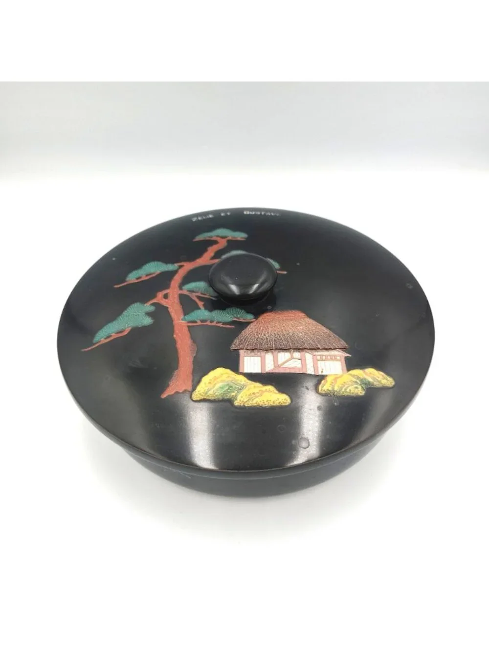 Vintage Bunco Okinawa Japanese Lacquerware Covered Bowl Black Red Scenic Lid